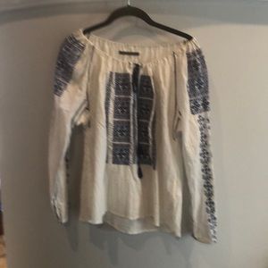 Blue and white embroidered peasant blouse